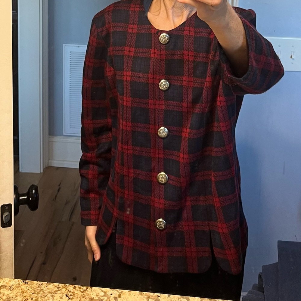 Red Vintage Blazer Navy Blue Plaid Suit Jacket Womens 14 Grandma